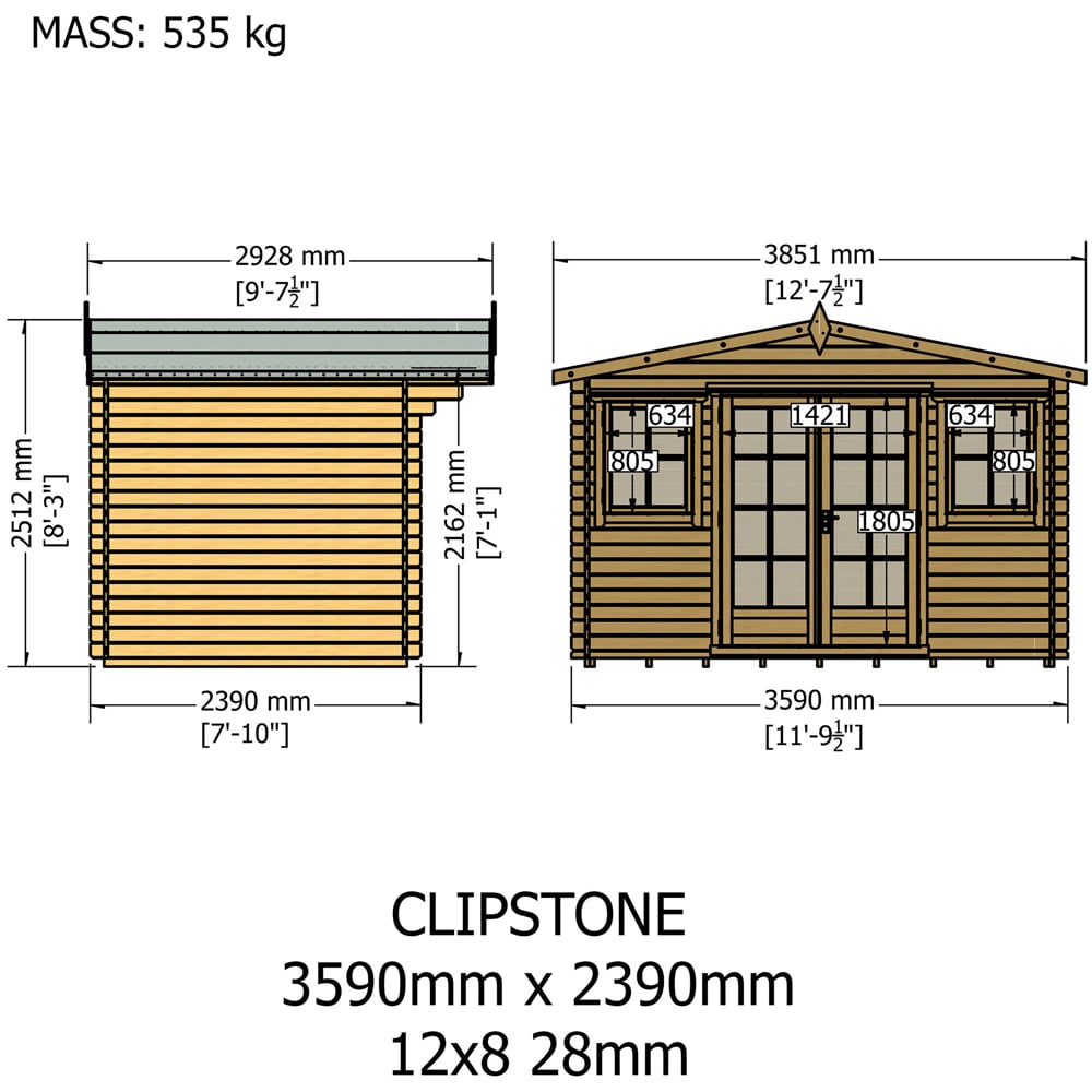 Shire Clipstone 12 x 8ft Double Door Pressure Treated Wooden Log Cabin Image 7