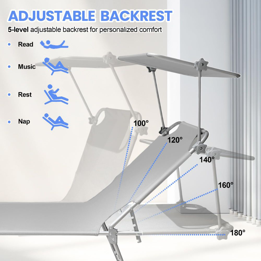 Alivio Grey Foldable Recliner Sun Lounger with Adjustable Sunshade Image 7