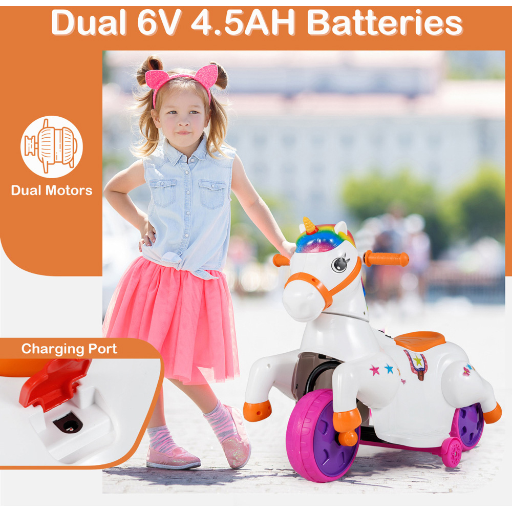 Costway Kids Orange Unicorn Ride On Toy with Training Wheels 12V Image 6