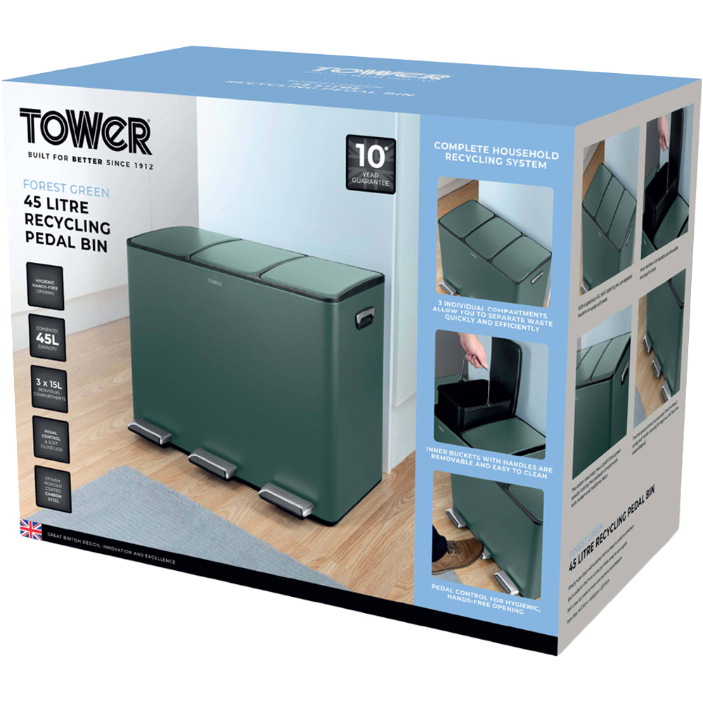 Tower Triple Recycling Green Pedal Bin 45L Image 2