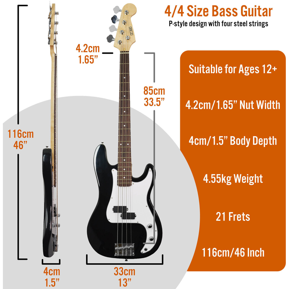 3rd Avenue Black Full Size Electric Bass Guitar Set Image 6