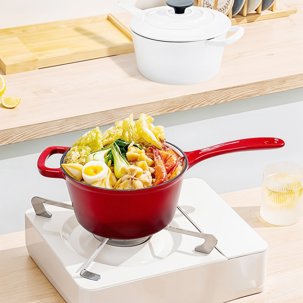 Living and Home 2L Red Cast Iron Enamel Saucepan with Lid Image 7