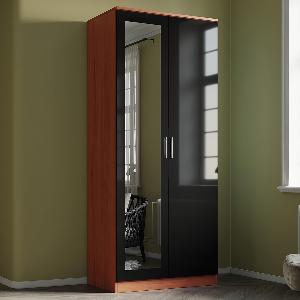 Brooklyn 2 Door Walnut and Black High Gloss Mirrored Wardrobe Image 1