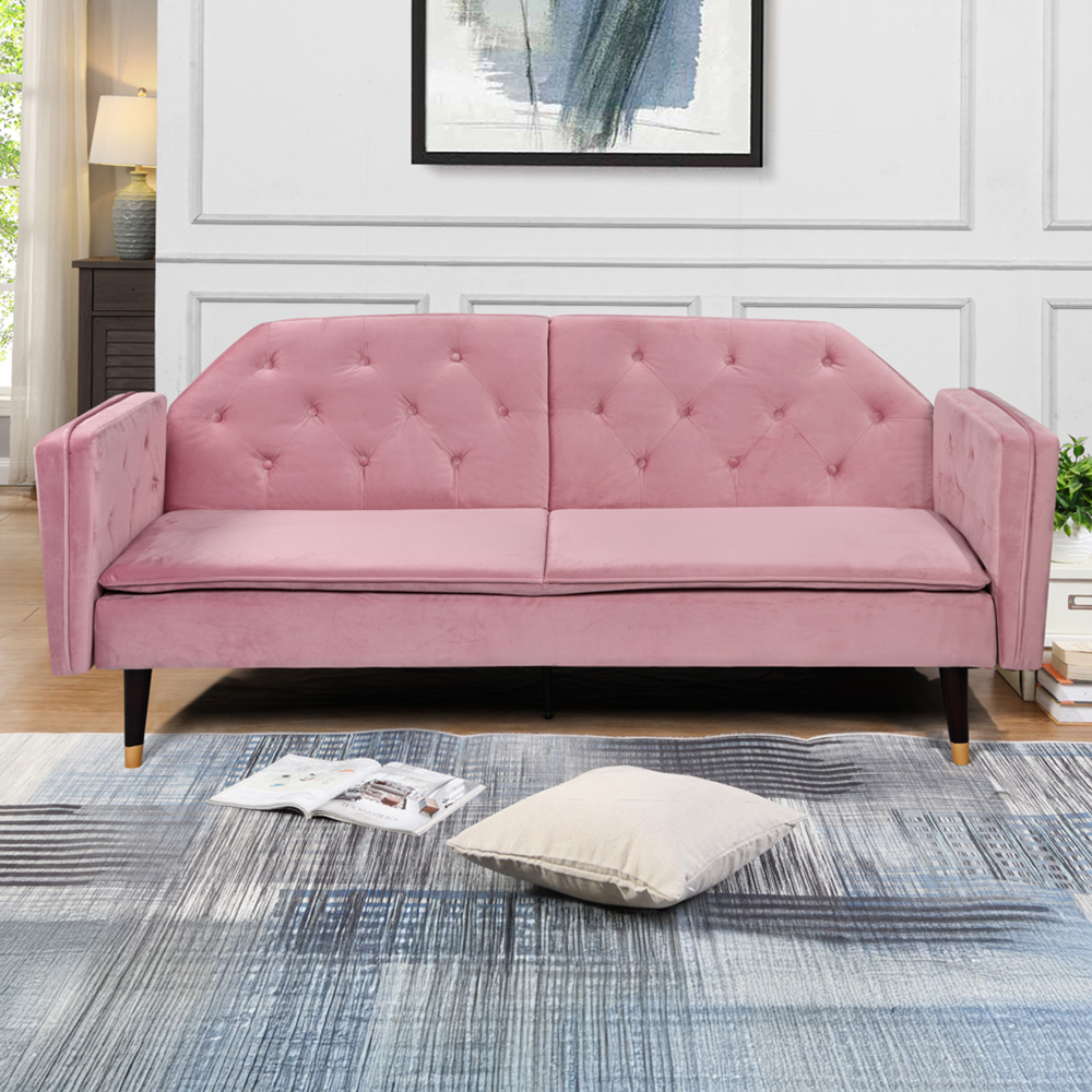 Comfy Living 3 Seater Pink and Gold Plush Velvet Tufted Sofa Bed Image 1
