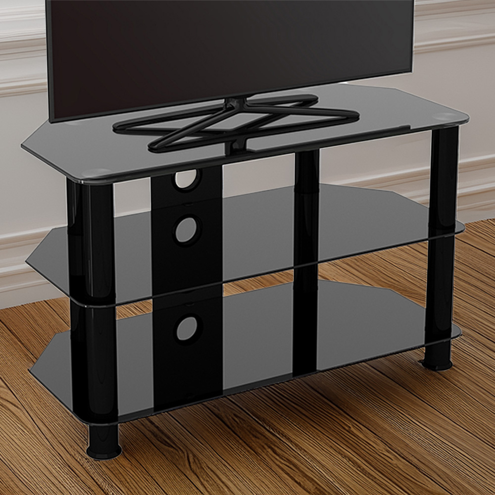AVF Classic 2 Shelf Black Glass Corner TV Unit with Cable Management Image 1