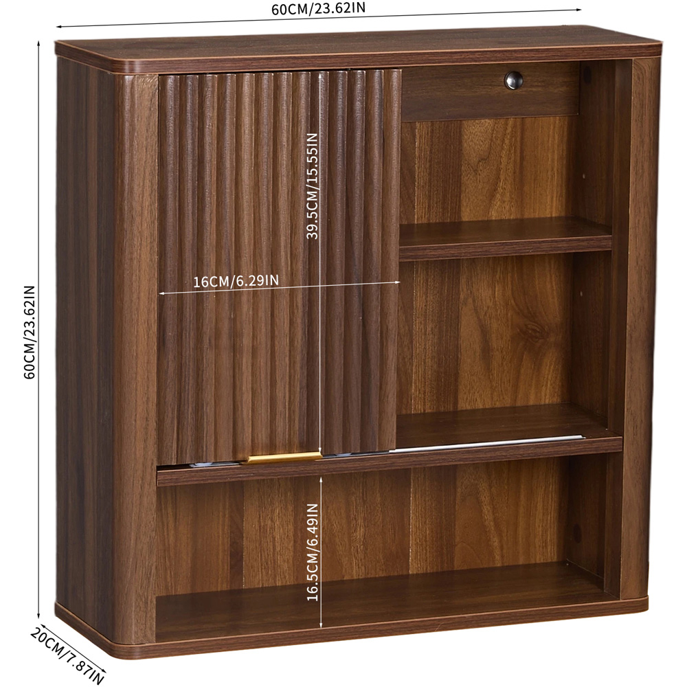 Living and Home Single Door 3 Shelf Walnut Wooden Wall-Mounted Bathroom Cabinet Image 9