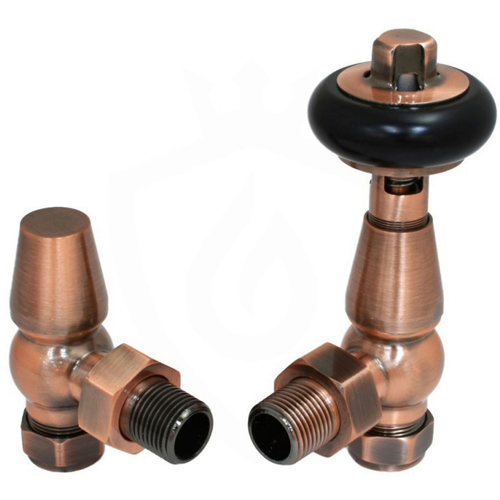 Go Bathrooms Ria Antique Copper Wooden Head Angled Radiator Valves Set 15mm Image 2