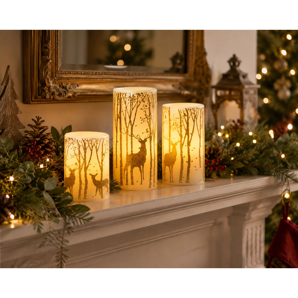 Avilo Christmas Woodland Flameless LED Pillar Candle 3 Piece Image 2