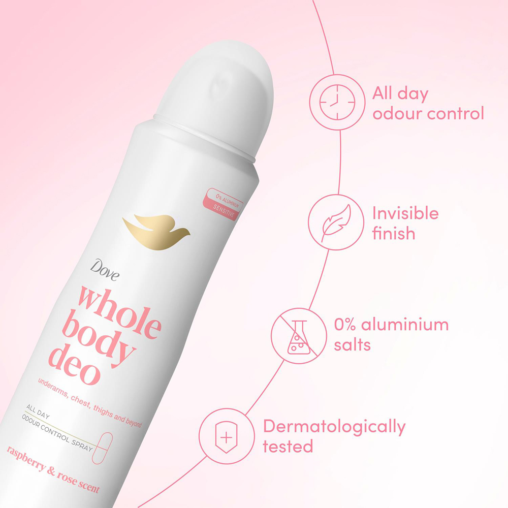 Dove Whole Body Raspberry and Rose Odour Protection Deodorant Spray 150ml 6 Pack Image 4