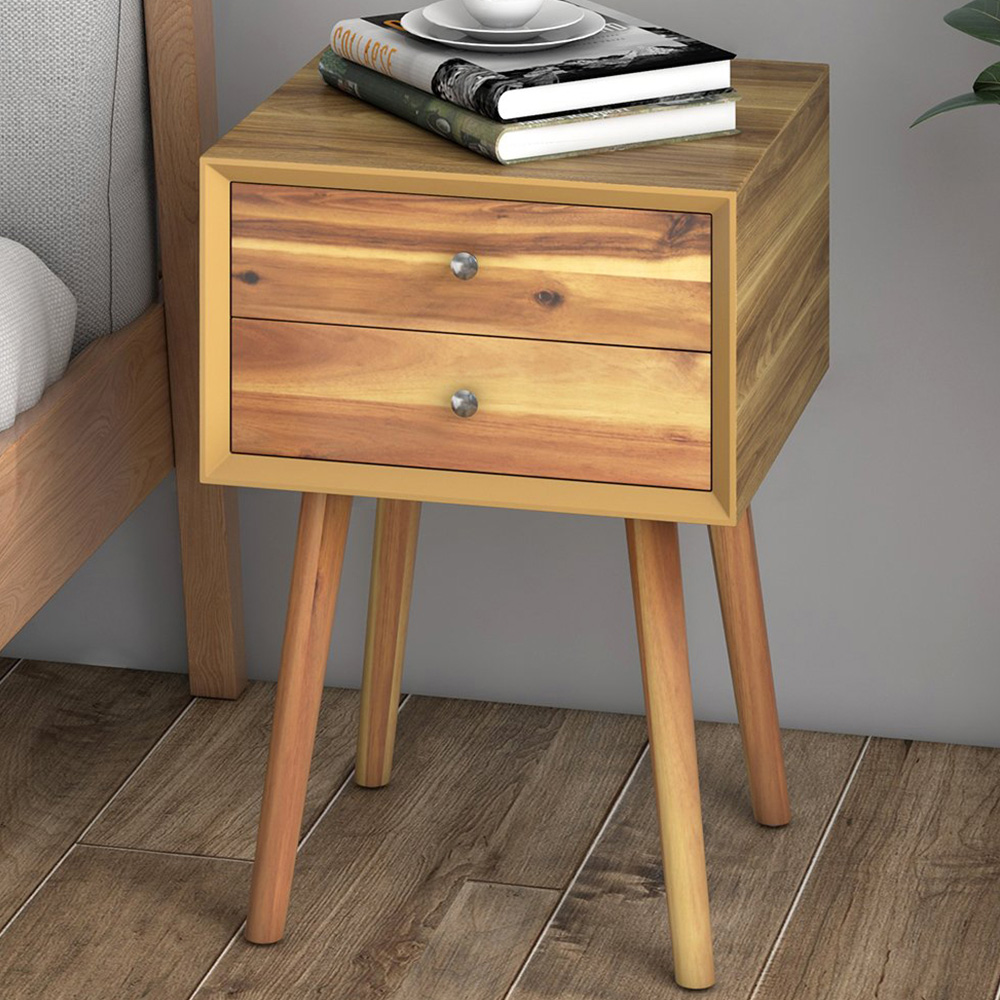 Costway 2 Drawer Natural Rubber Wood Legs Bedside Table Image 1