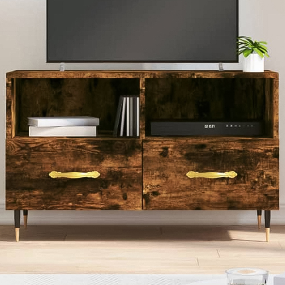 vidaXL 2 Drawer 2 Shelf Smoked Oak Wooden TV Cabinet Image 1