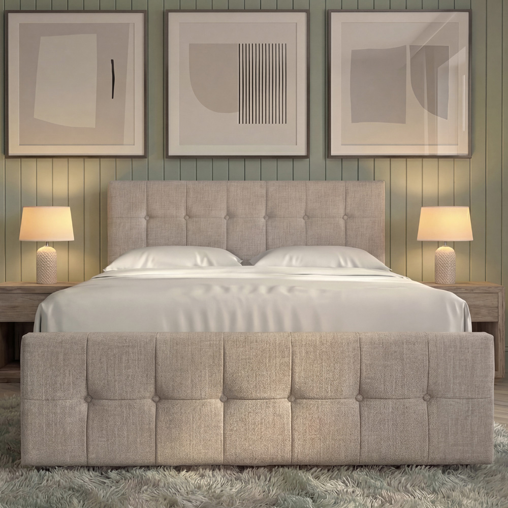 VIDA DESIGNS Valentina Double Beige Linen Ottoman Bed with Padded Headboard Image 3