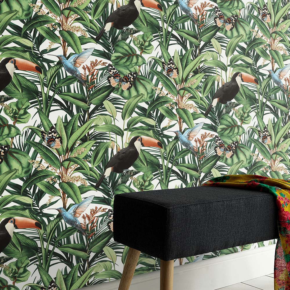 Erismann Paradiso Birds and Butterfly Tropical White and Green Wallpaper Image 4