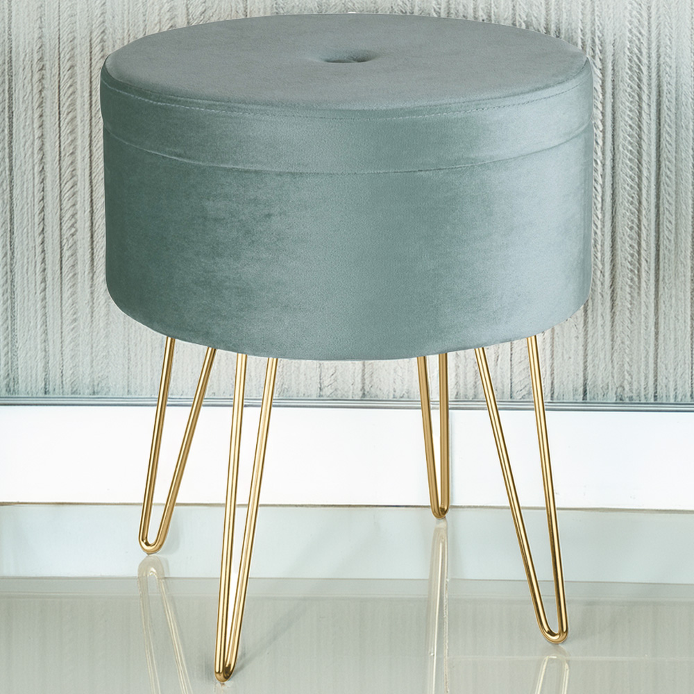 tectake Ava Turquoise Velvet Look Padded Round Stool with Storage Image 1