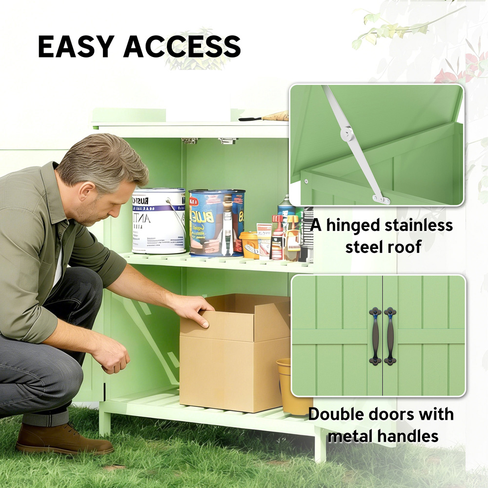 Outsunny 2.8 x 2.4ft 2 Shelf Light Green Wooden Garden Storage Shed with Hinged Roof Image 5