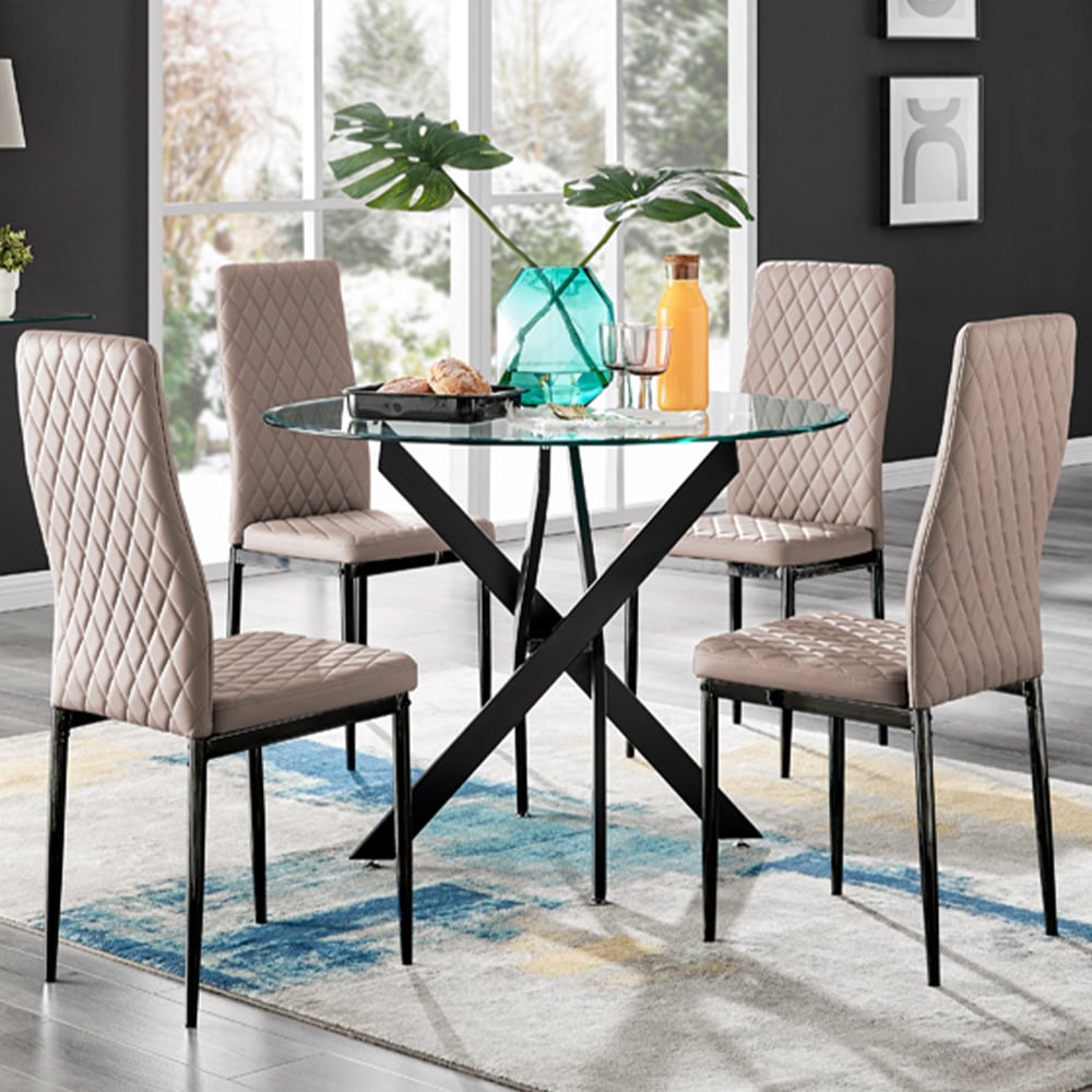 Furniturebox Arona Valera Glass 4 Seater Round Dining Set Black and Cappuccino Image 1
