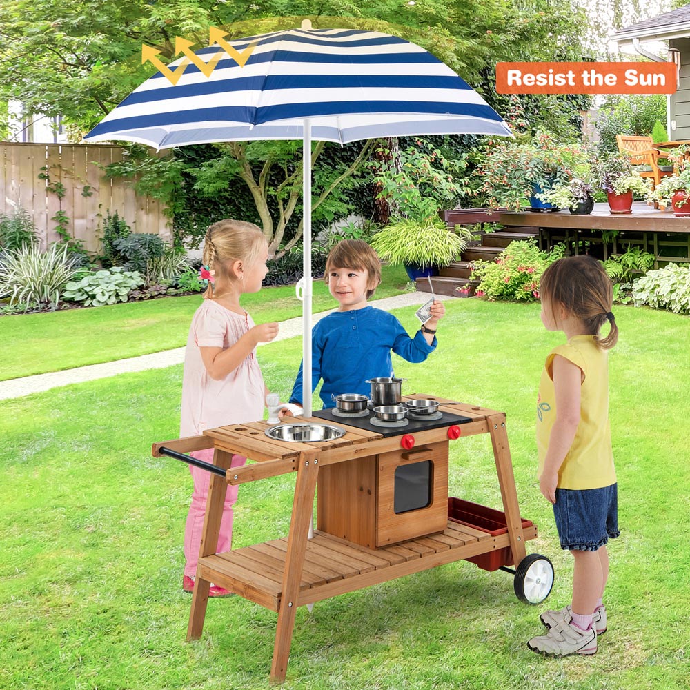 Costway Blue Kids Wooden Play Trolley with Umbrella Image 2