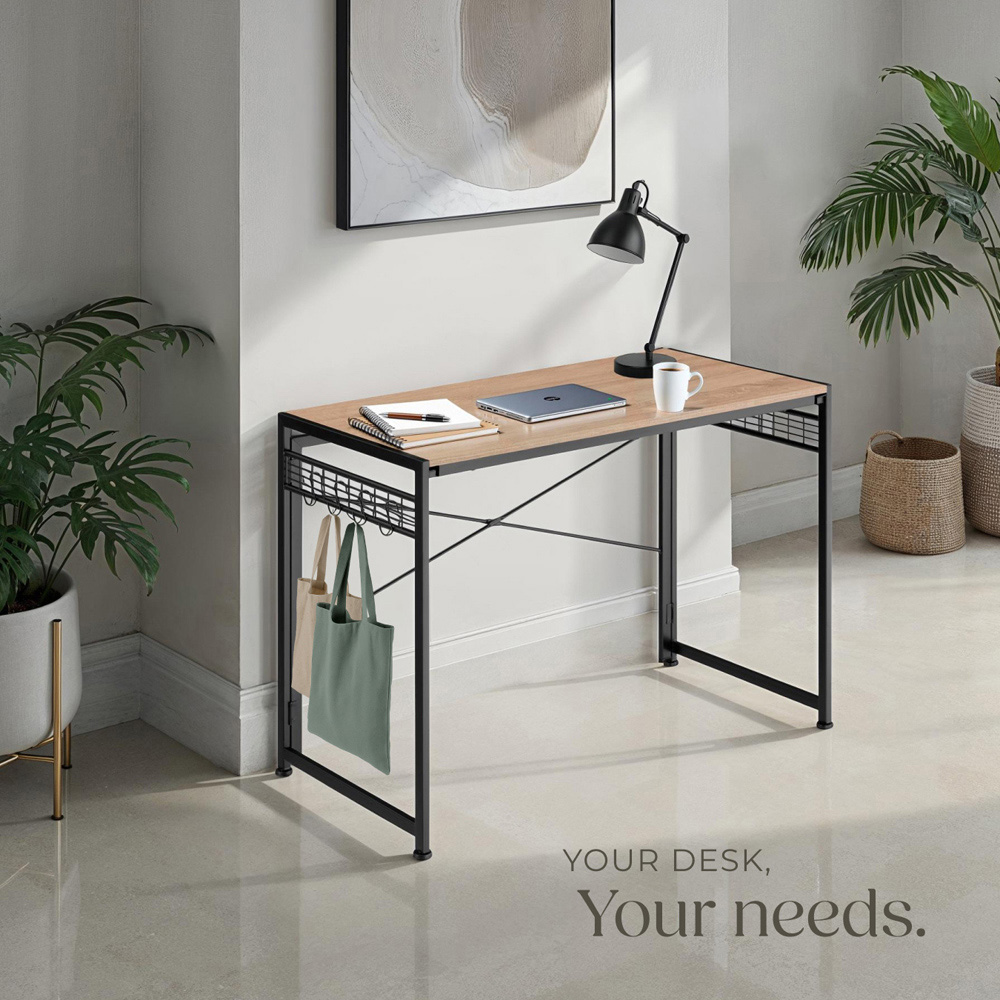 tectake Paterson Light Wood Oak Foldable Desk with 8 Storage Hooks Image 7