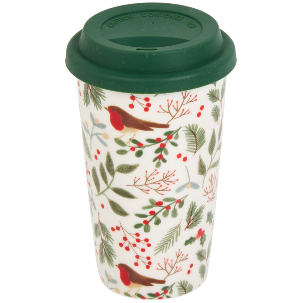 Merry Robin Ceramic Travel Mug with LidWhite Image 1