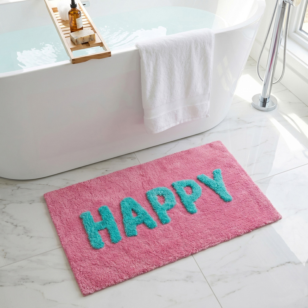 Allure Bath Fashions Pink and Turquoise Tufted Happy Slogan Bath Mat 50 x 80cm Image 2