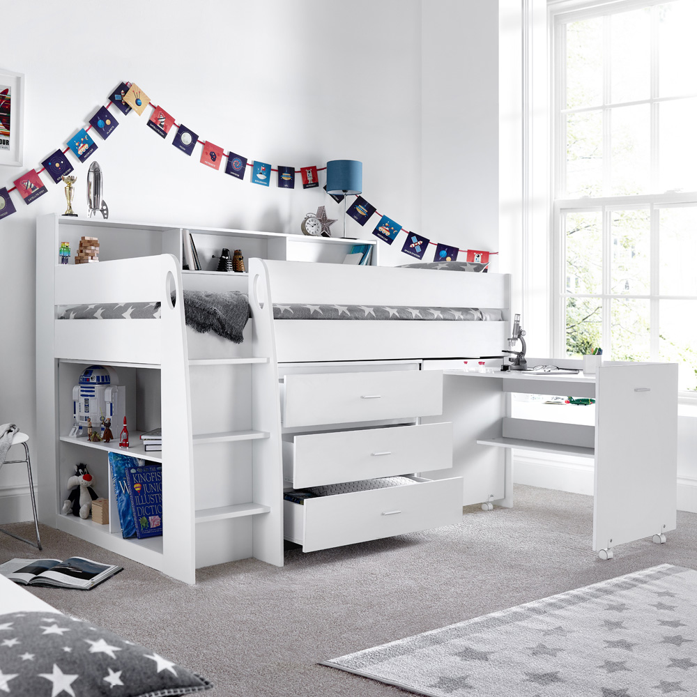 Ersa Mid Sleeper White Desk and Storage Bed with Memory Foam Mattress Image 6