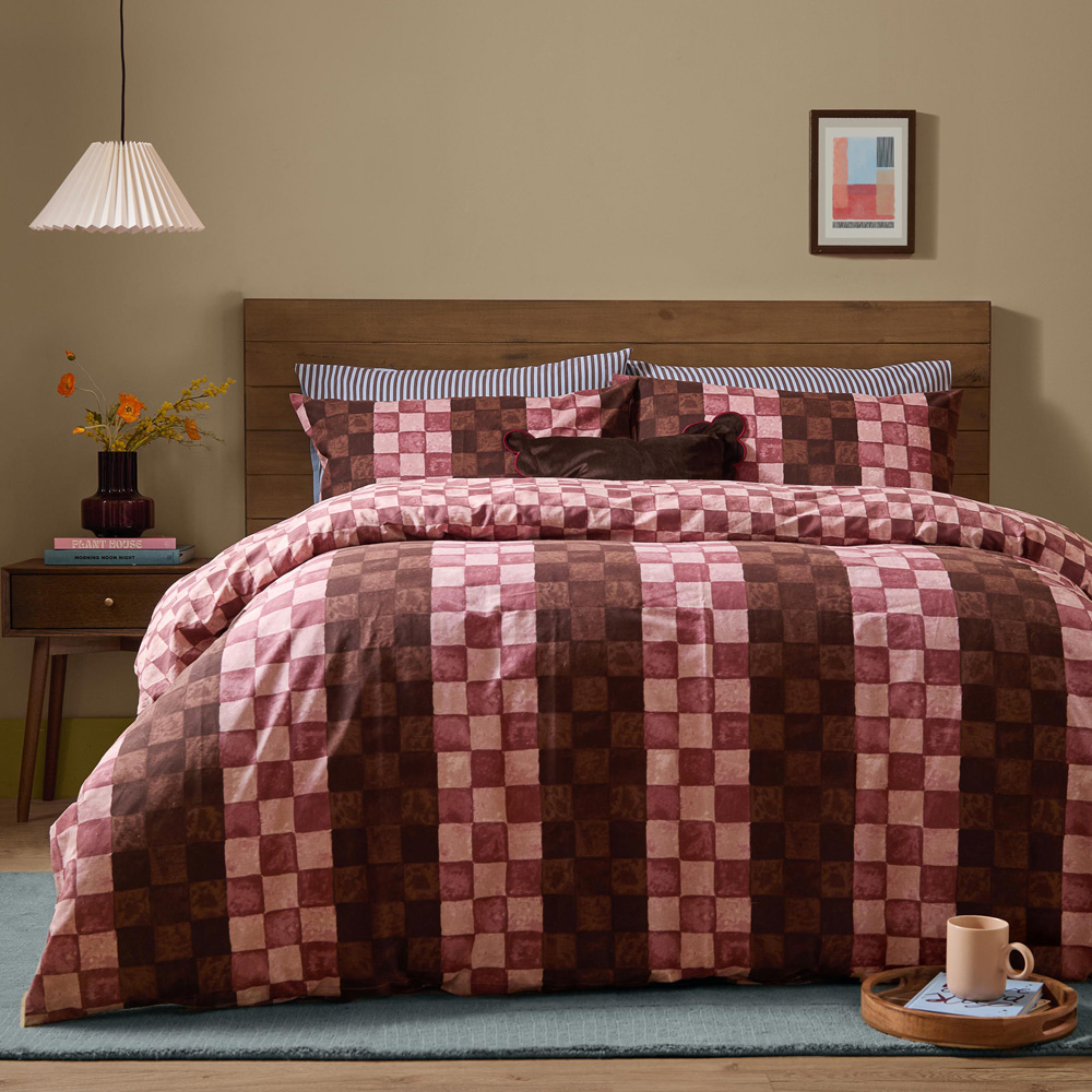 Furn Huxley Double Chocolate and Blush Checkerboard Reversible Duvet Cover Set Image 1