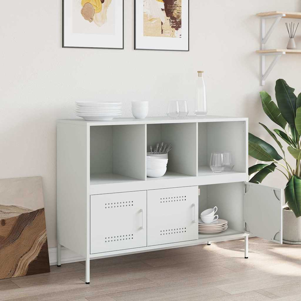 vidaXL 3 Door 3 Shelf White Steel Sideboard Image 3