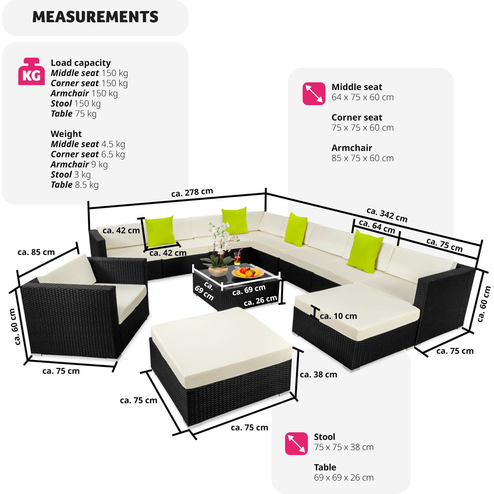 tectake Las Vegas 11 Seater Black Polyrattan Garden Corner Lounge Set Image 7