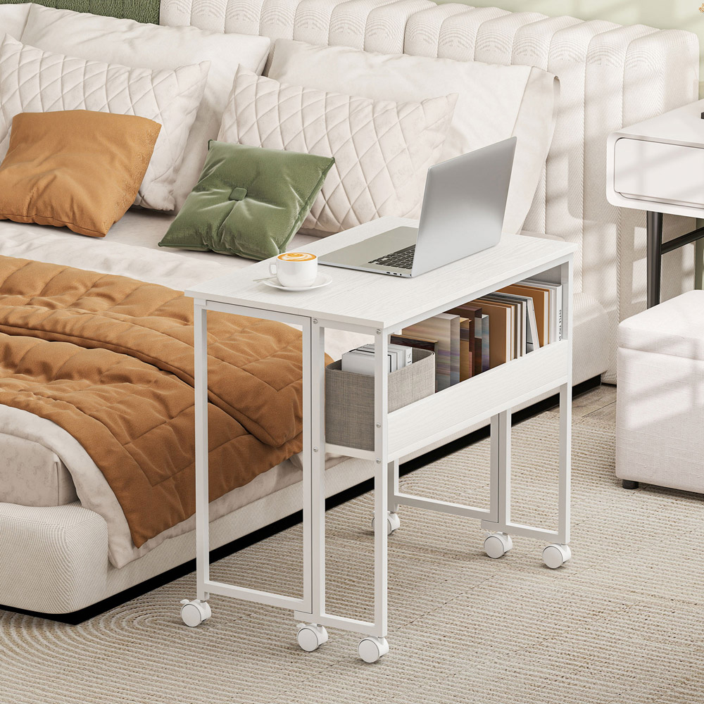 HOMCOM Single Shelf Foldable Computer Desk with Wheels and Side Bag White Image 8