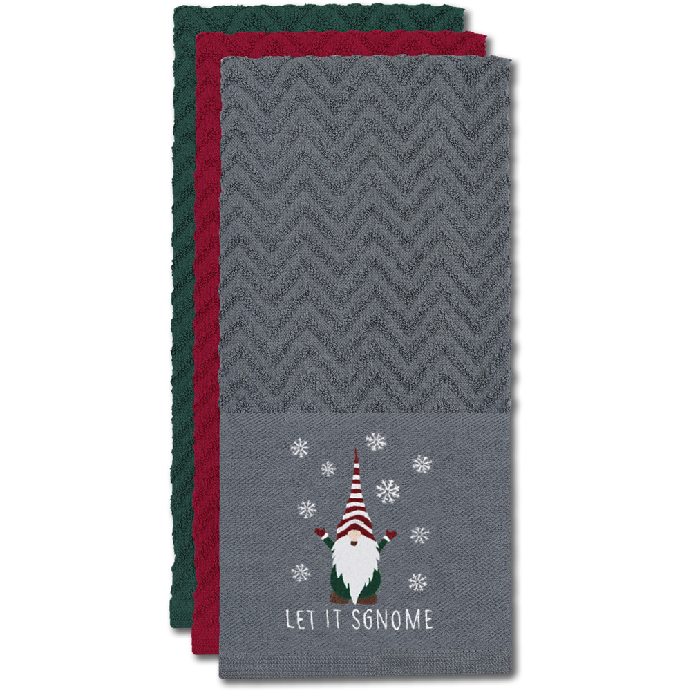 Noel Square Xmas Gonks Grey Tea Towel 3 Pack Image 3