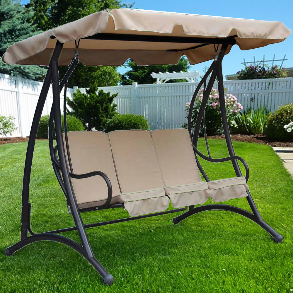 Charles Bentley 3 Seater Cream Garden Swing Seat with Canopy Image 1