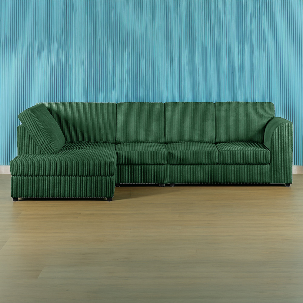 Luxor 4 Seater Green Jumbo Cord Left Hand Facing Full Back L Shaped Corner Sofa Set Image 1