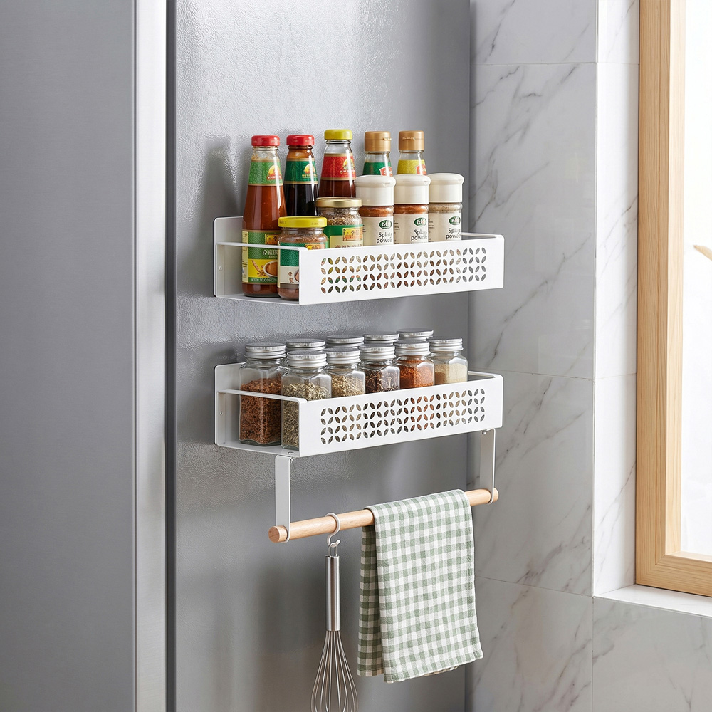 Living and Home White Magnetic Fridge Side Storage Rack 2 Pack Image 2