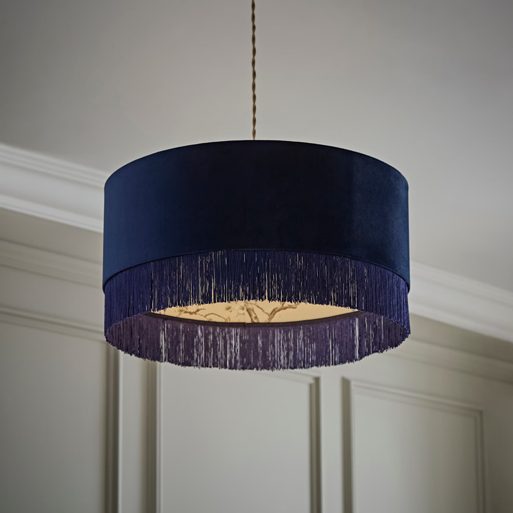ValueLights Kimberly Navy Blue Velvet Printed Inner Fringe Easy Fit Ceiling Lamp Shade 50cm Image 6