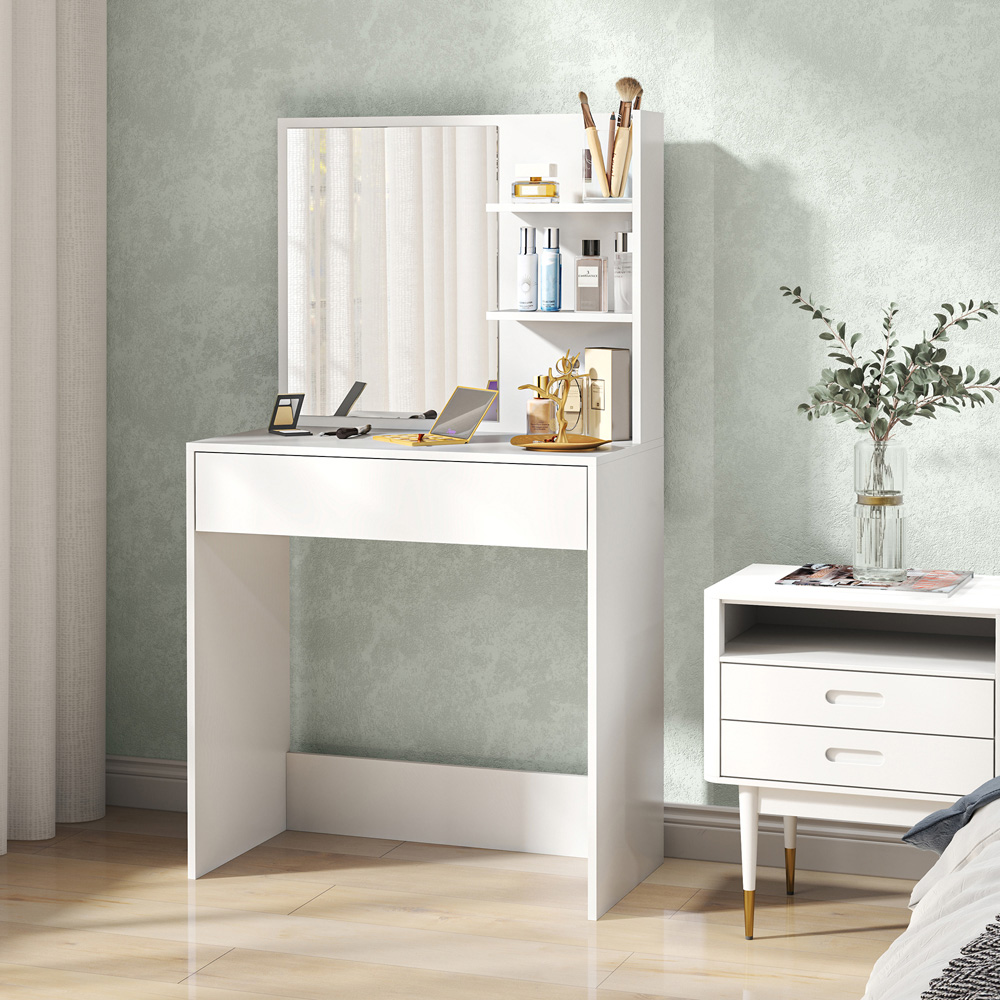 HOMCOM Single Drawer 3 Shelf White Dressing Table with Mirror Image 3