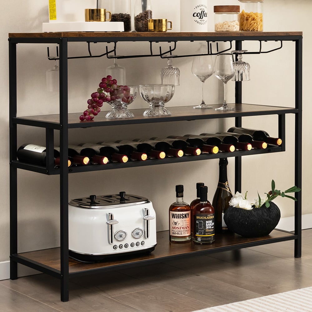 Costway 3 Shelf 14 Bottle Industrial Wine Rack with Glass Holders Image 1
