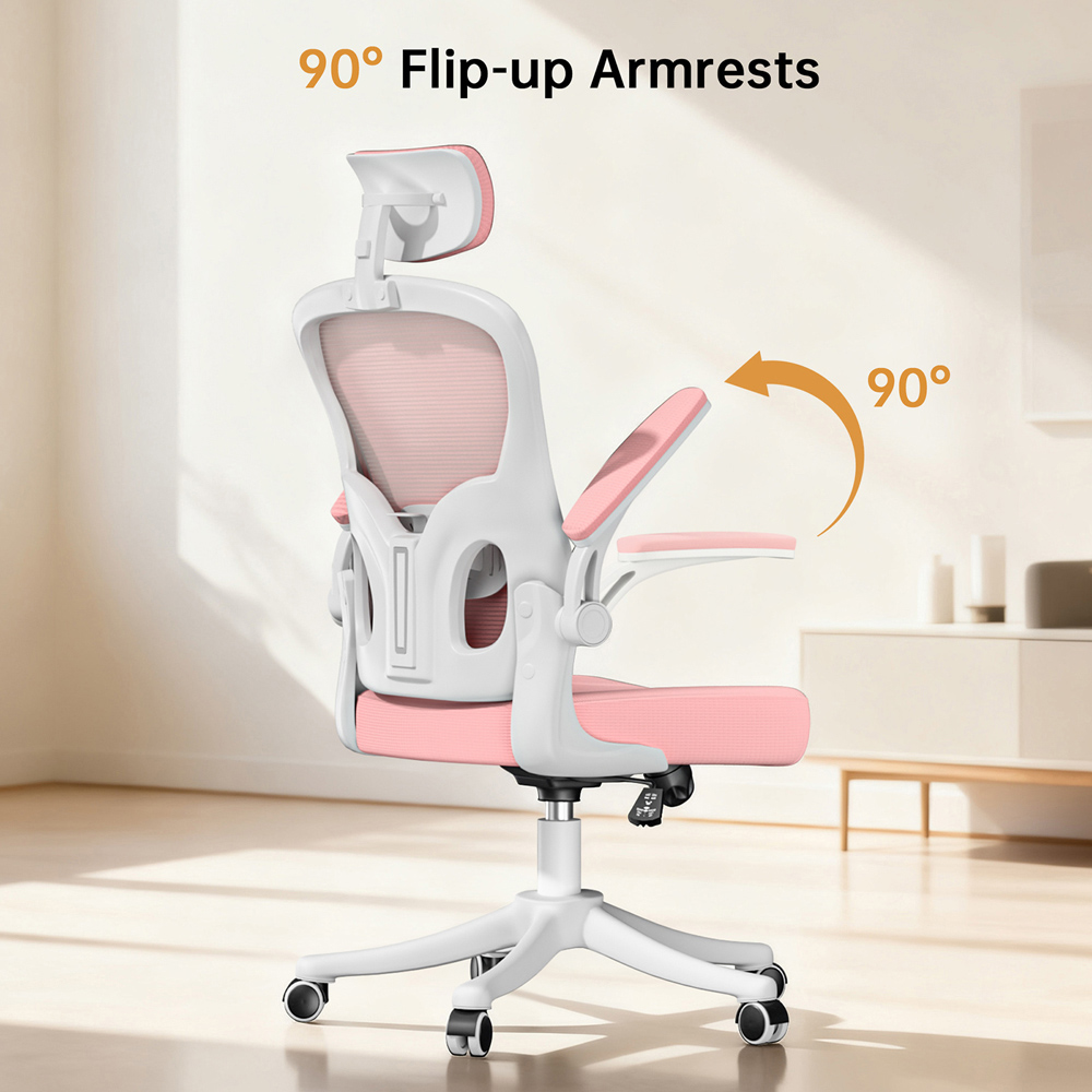 Rattrix Pink Mesh Height Adjustable Ergonomic Office Chair with Flip-Up Arms and Lumbar Support Image 6