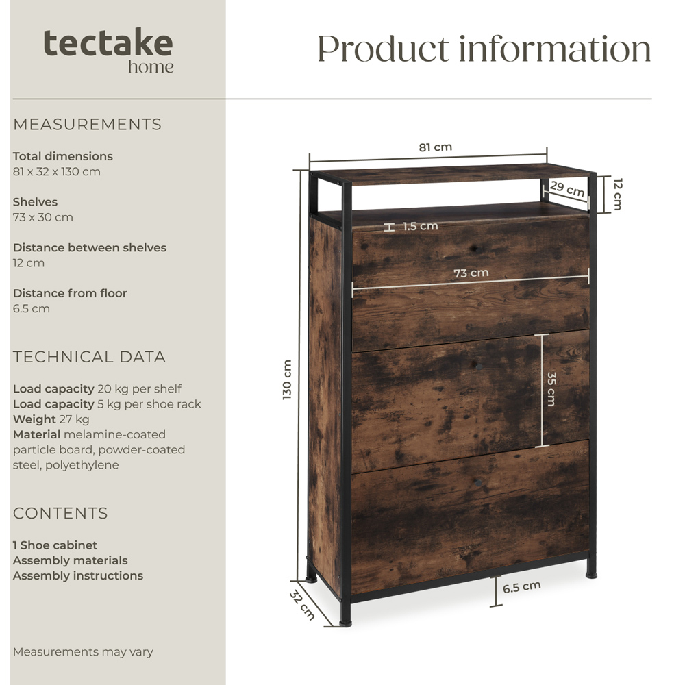 tectake 3 Tilt Drawer Dark Wood Slim Rack 32 x 81 x 130cm Image 9