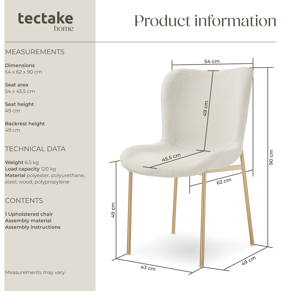 tectake Tessa White and Gold Boucle Padded Dining Chair Image 9