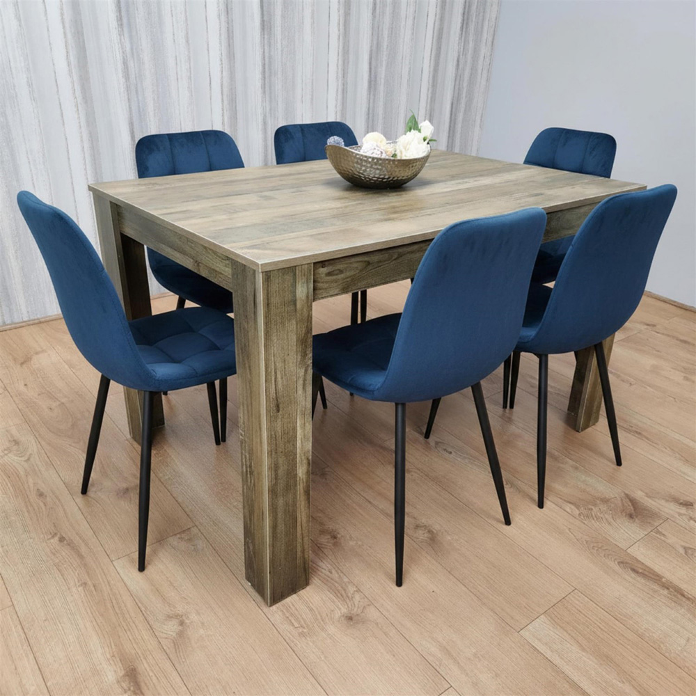 Portland 6 Seater Velvet Tufted Wooden Dining Set Blue Image 4