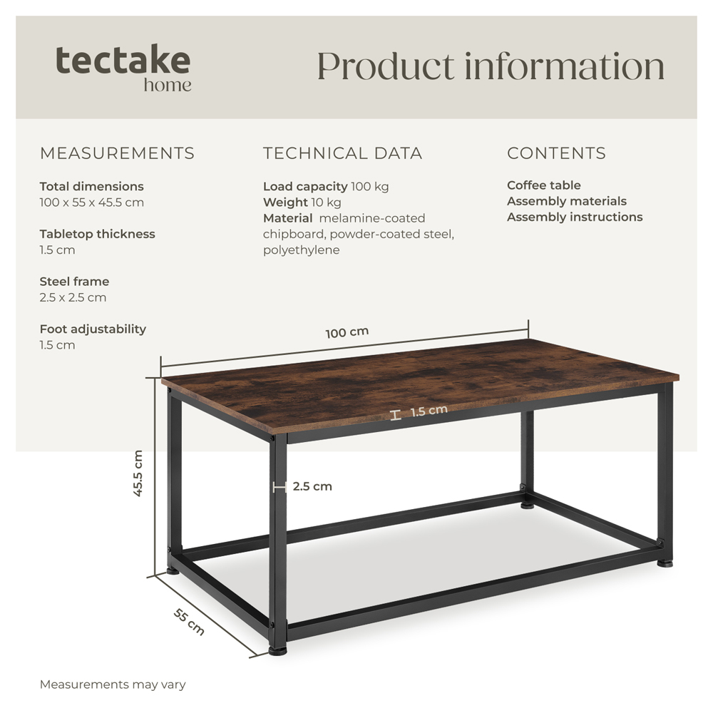 tectake Lynch Industrial Dark Wood Rectangular Coffee Table Image 9