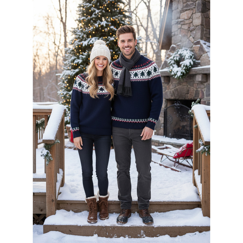 Noel Square Unisex Trees Crew Neck Christmas Jumper Large Navy Image 3