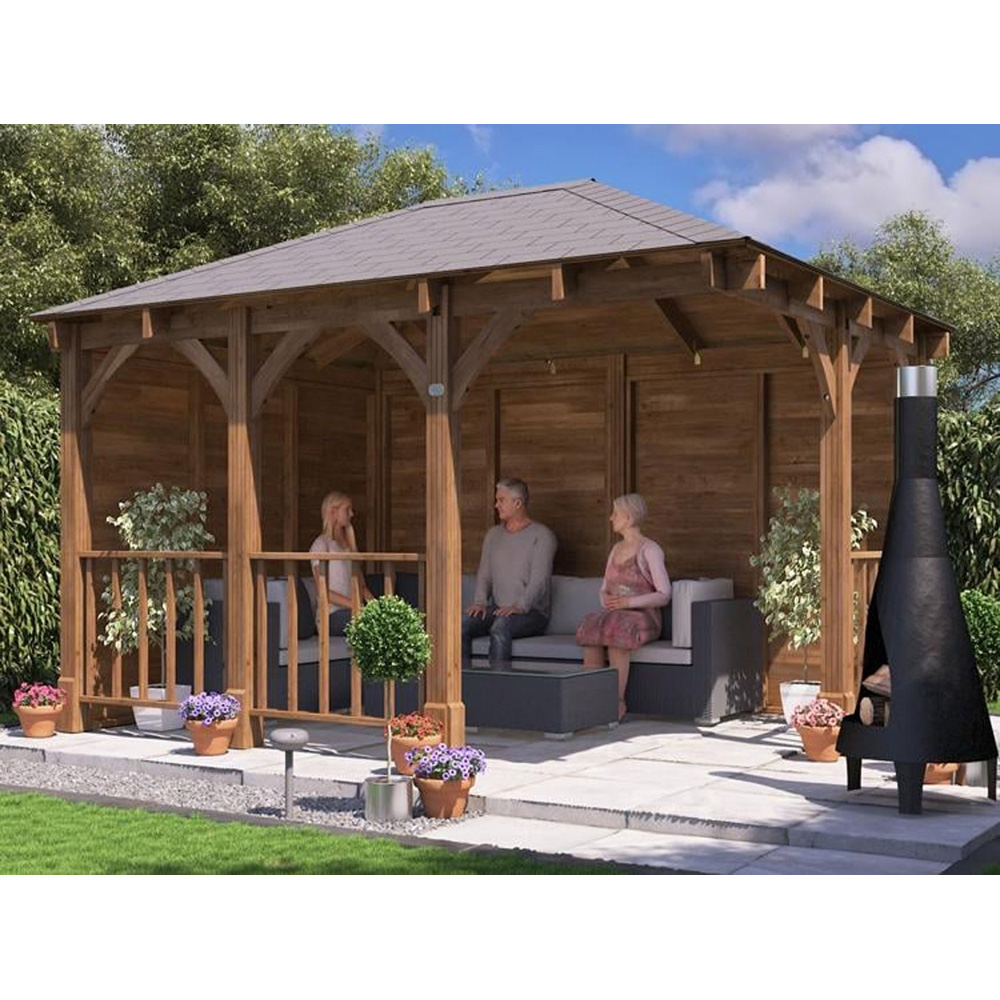 Dunster House Leviathan 4 x 3m Brown Corner Garden Gazebo with Wooden Roof Shingles Image 3