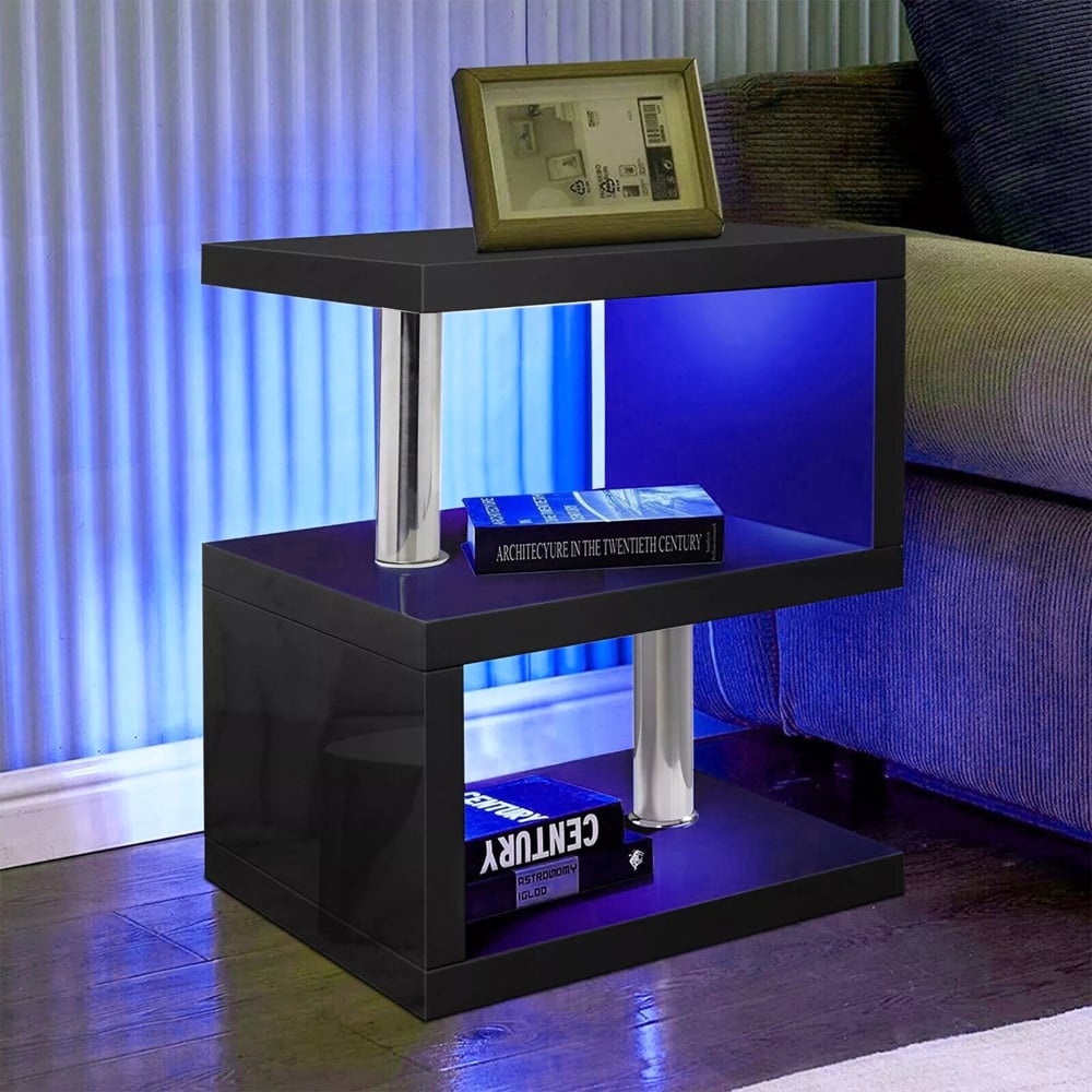 Comfy Living 2 Shelf Black High Gloss Abstract LED Side Table Image 5