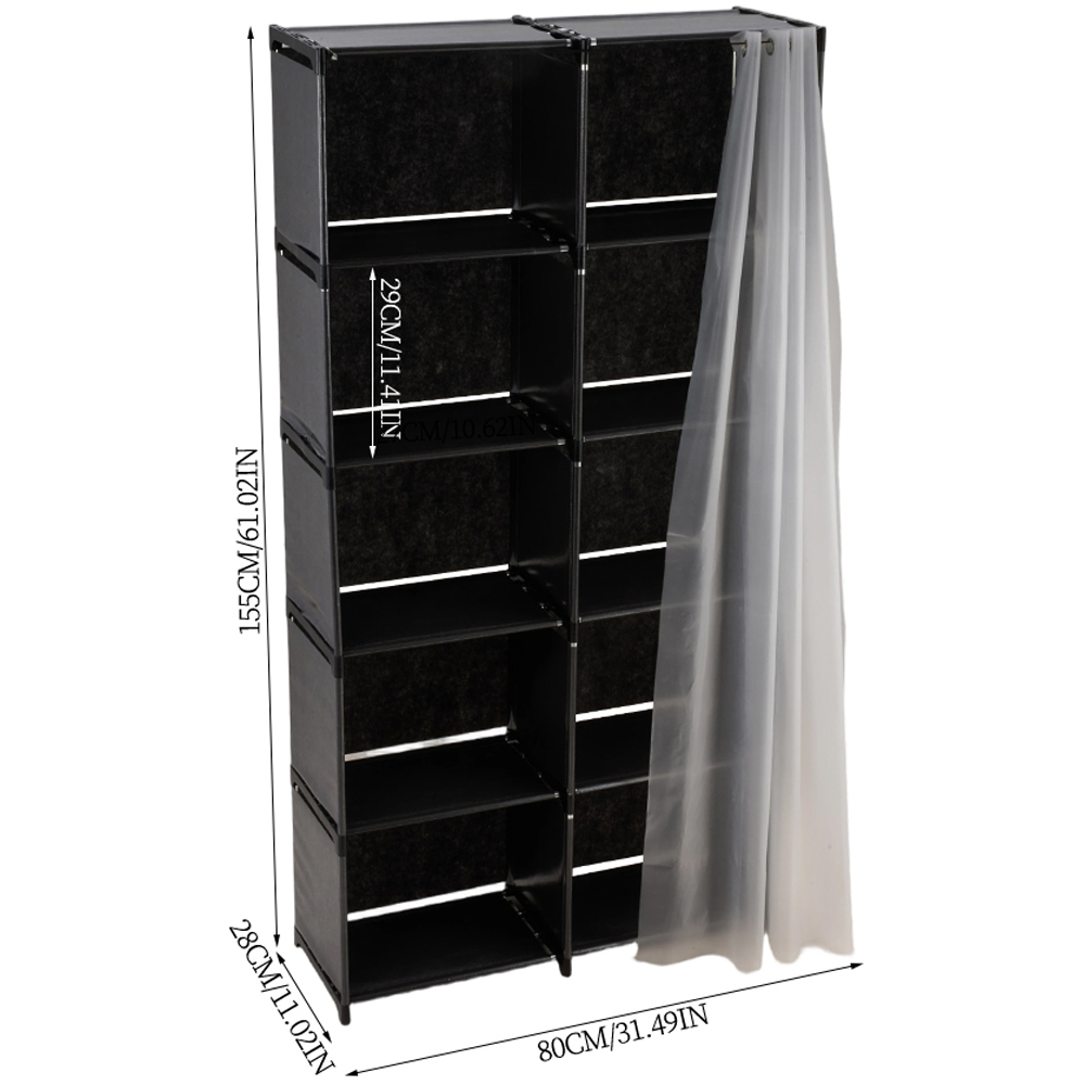 Living and Home 5-Tier Black Freestanding Portable Wardrobe with Double-Row Storage and Curtain Image 8