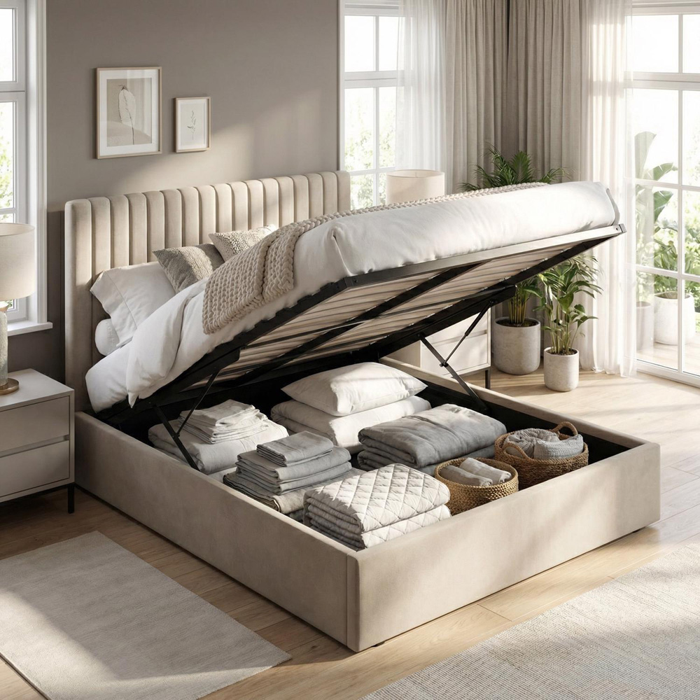 FWStyle Sollom Double Beige Sand Upholstered Lift-Up Ottoman Bed Frame with Ribbed Headboard Image 3