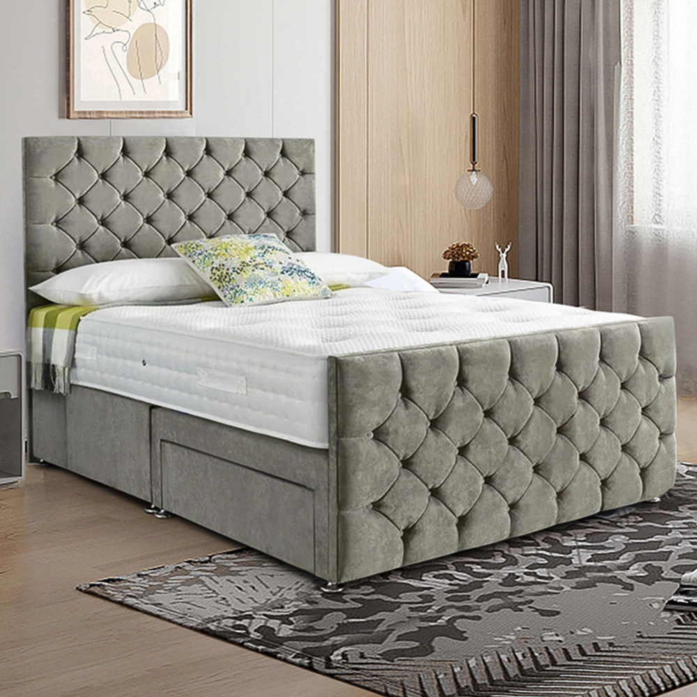 Eleganza Home Dreamscape Super King Size Grey Plush Velvet Single Drawer Divan Bed with Headboard Image 1