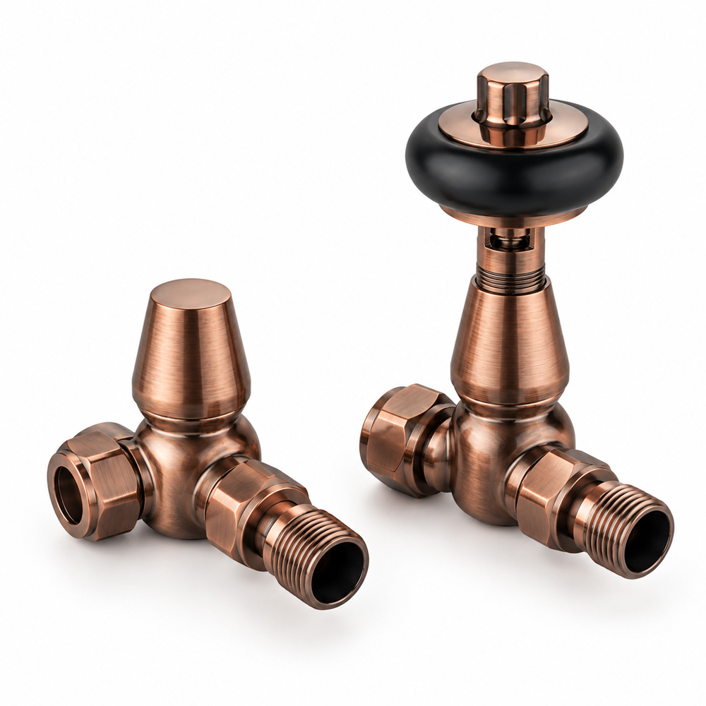 Go Bathrooms Ria Antique Copper Wooden Head Corner Radiator Valves Set 15mm Image 2
