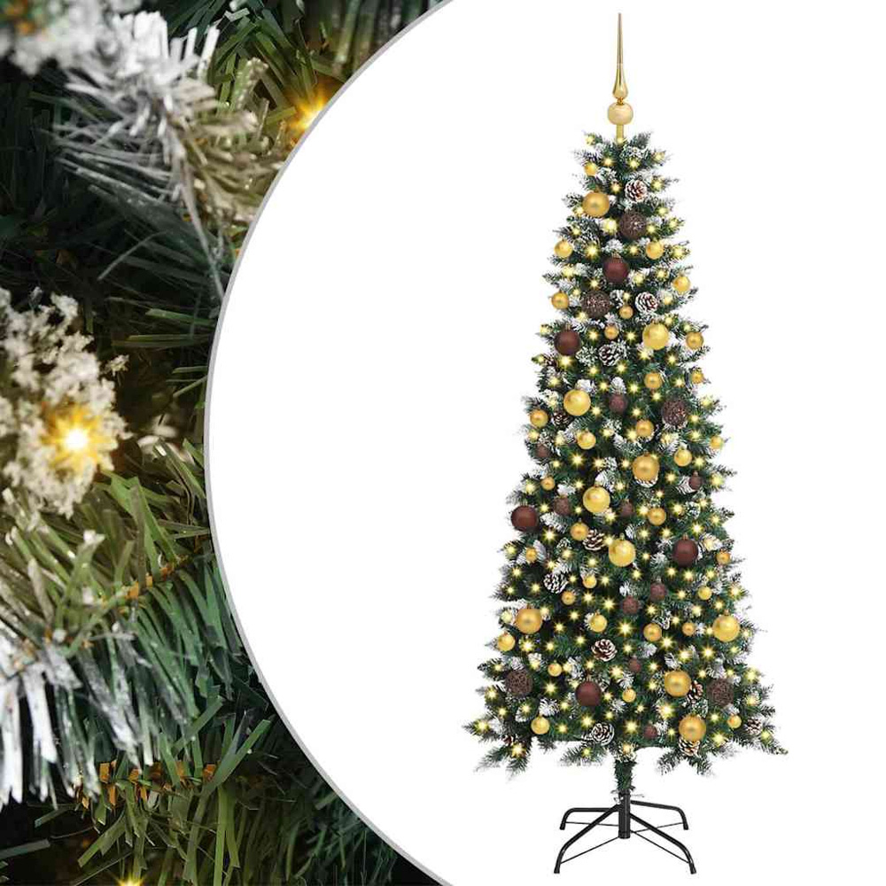 vidaXL Pre-Lit Gold and Bronze Baubles Green Artificial Snow Tipped Christmas Tree 6ft Image 2