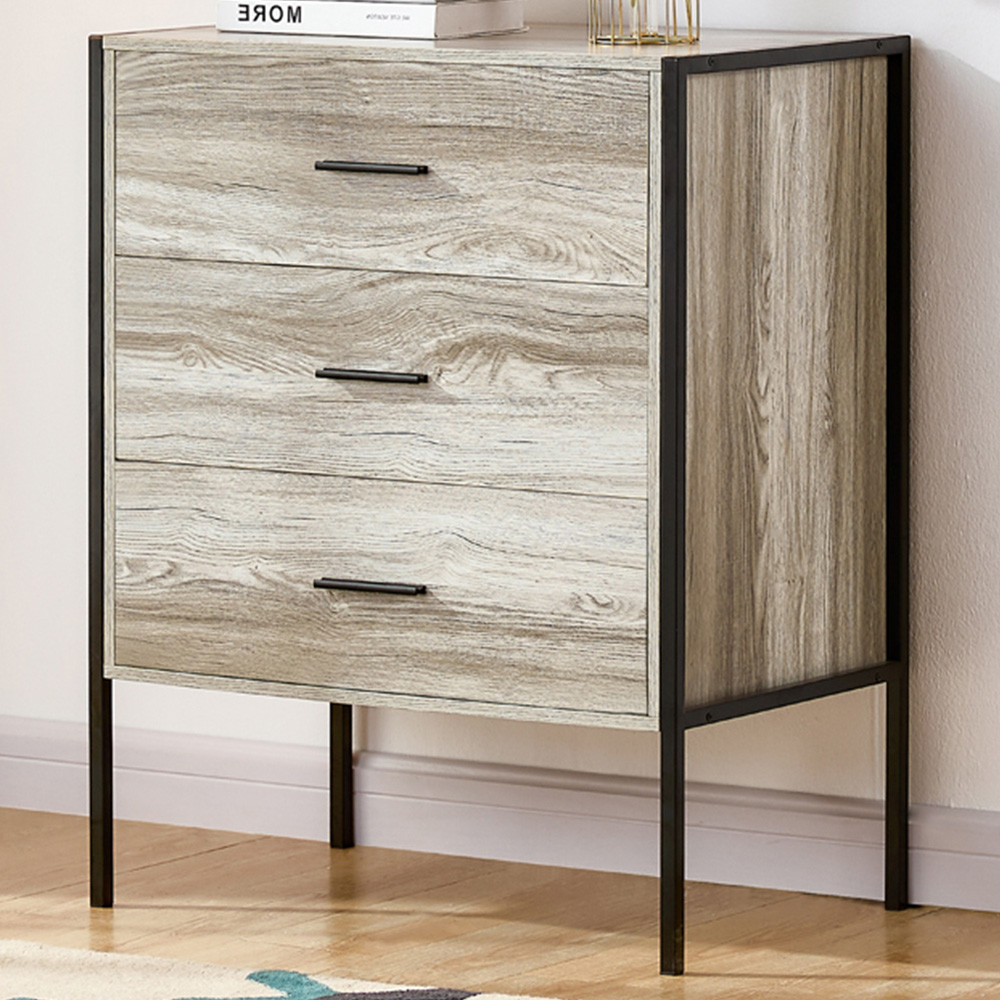 Vida Designs Brooklyn 3 Drawer Grey Rustic Metal Frame Chest of Drawers Image 1